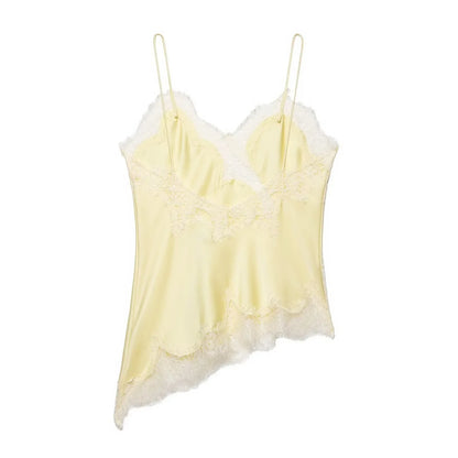 Women Fashion Lace Patchwork Straps Top Irregular Hem Spaghetti Straps V-Neck Hollow Sexy Tops 2026 Summer Night Date Wear