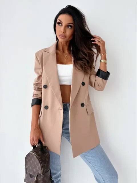 Autumn Winter New Style Women's Suit Coat Long Sleeve Double Buttoned Outerwear Top Cross-Border Fashion Polyester Fiber