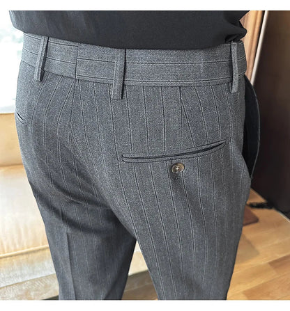 High Quality Striped Suit Pants 2025 Autumn New Fashion Slim Fit Business Elastic waisted Pants Male Wedding Party Trousers