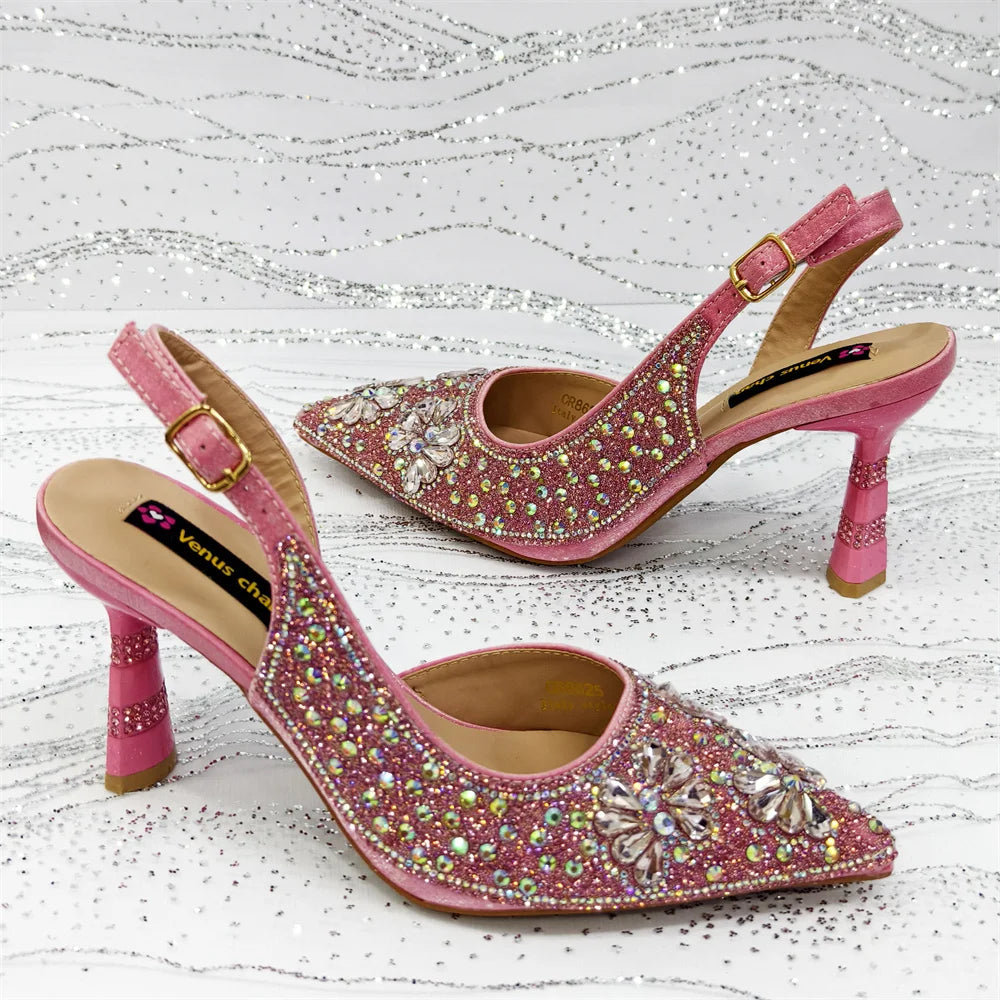 2025 Women's Purple High Heel Party Shoes & Rhinestone Handbag Set - Italian Design for Weddings & Special Occasions