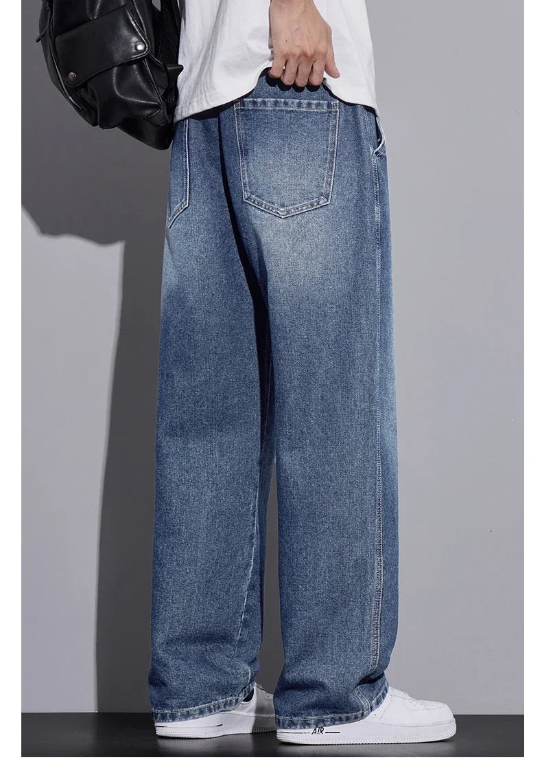 Men's Clothing Wide-leg Pants Baggy Jeans Streetwear Straight Fashion Denim Trousers Y2k Vintage Washed Elastic Waist Man Pants