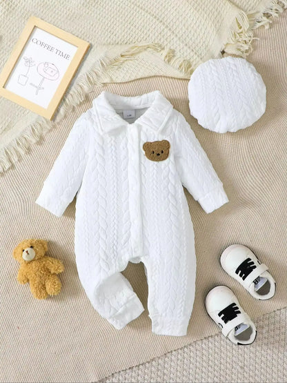 2pcs Baby Boy Long Sleeve Romper Suit with Cute Bear Pattern Includes Hat Casual Outfit for Autumn And Winter Wear