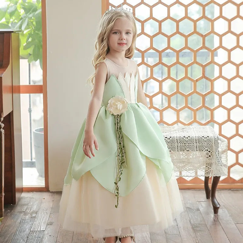 Girls Cosplay Tiana Yellow Short-Sleeved Fluffy Princess Dress For Girl Birthday Party Princess Dress With Accessories
