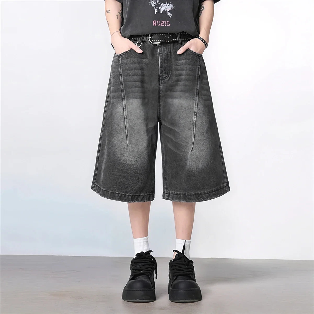 Vintage Washed Gradient Denim Mid-Rise Shorts with Streetwear Loose Wide Leg Fit for Summer Breathability