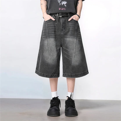 Vintage Washed Gradient Denim Mid-Rise Shorts with Streetwear Loose Wide Leg Fit for Summer Breathability
