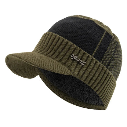 New Unisex Warm Winter Hat With Brim Add Fur Lined Beanie Hat Sports Label Thicken Winter Hats For Men Women Knitted Hat