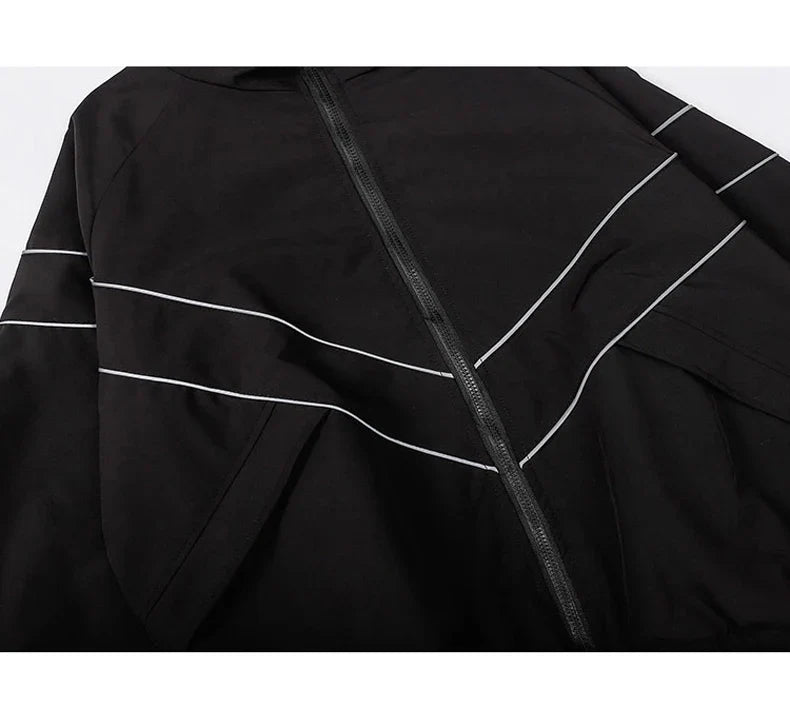 Reflective Striped Men's Jacket 2026 Hip Hop Streetwear Coats Zipper Up Jacket Windbreaker Harajuku Thin Coats Sports Black Blue