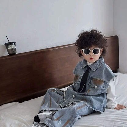 Boys Vest +Pants + Tie Outfits Kids Suits Cotton 3PCS/Set 2026 Blue Jean Spring Autumn Cotton Sport Teenagers Children Clothing