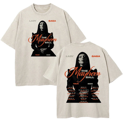 Vintage Washed Lady Gaga The Mayhem Ball Tour 2025 T Shirt Fashion Men/Women Aesthetic High Quality Acid Wash 100% Cotton Tees