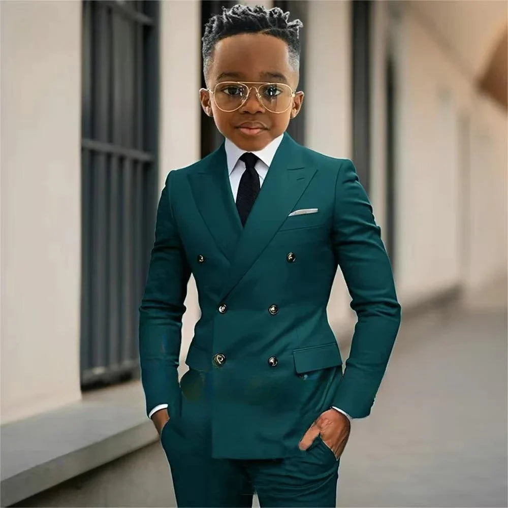 Boy's Formal Tuxedo 2 Pieces Jacket Pants For Piano Contest Performance Double Breasted Kids Party Suit Set Wedding Outfit