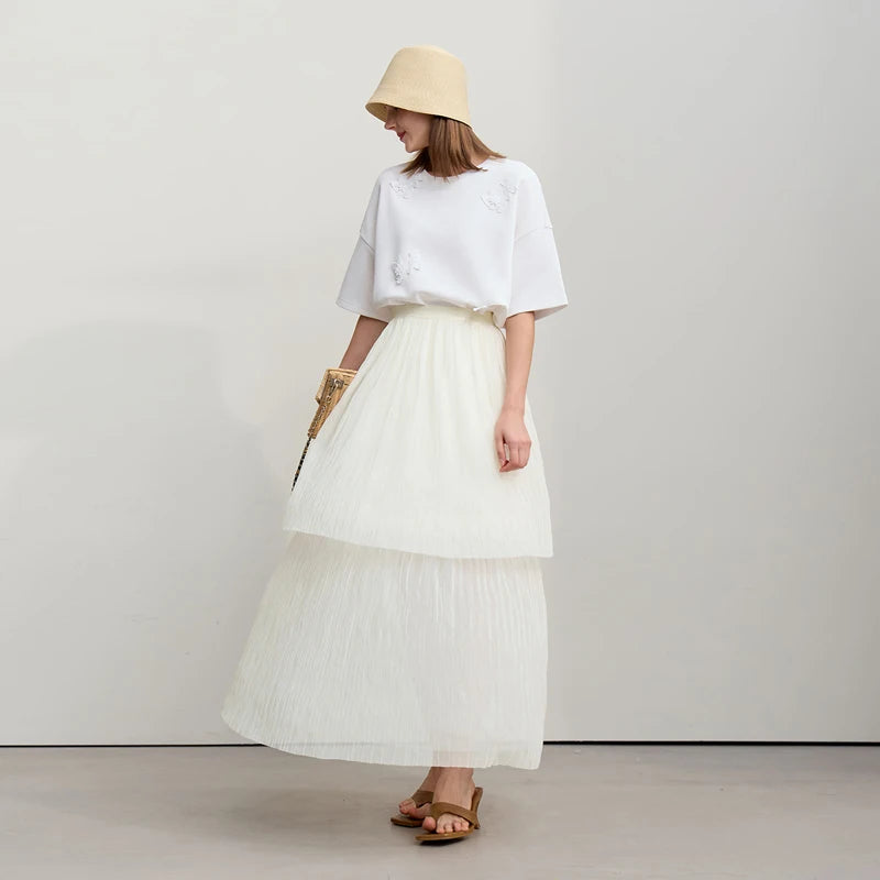 Long Skirt 2026 Spring New Casual Vacation Waist Pleated Mesh Long Skirt Women Loose Solid Versatile Woman Clothes 12621001