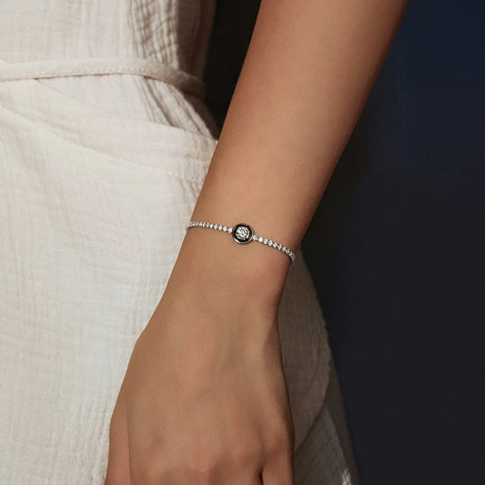Bracelet de tennis rond en argent sterling 925 avec émail noir et oxyde de zirconium transparent pour femmes, cadeau de bijoux fins