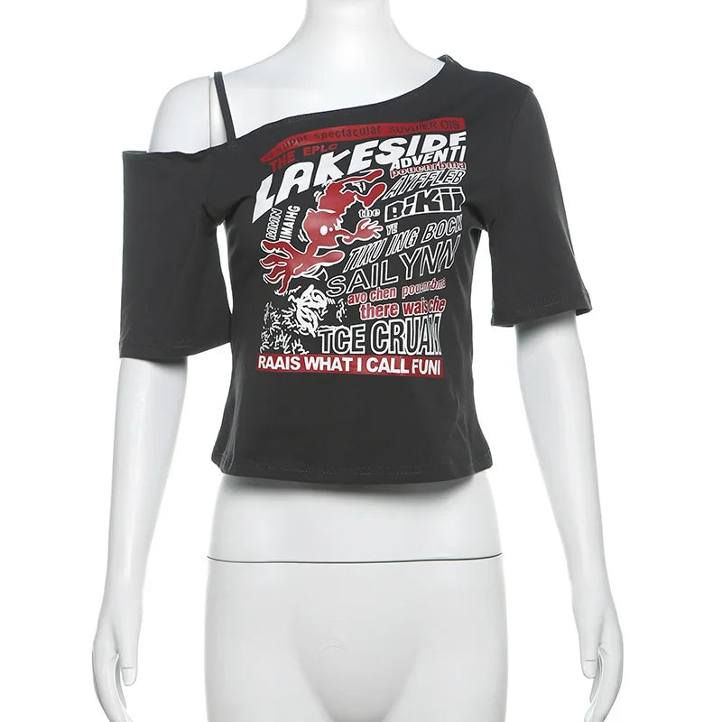 Gothic Tee Y2k Letter Print Off Shoulder Punk T-shirts Women Harajuku Summer Streetwear Grunge T Shirt Aesthetic Sexy Crop Tops