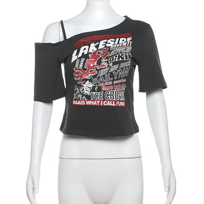 Gothic Tee Y2k Letter Print Off Shoulder Punk T-shirts Women Harajuku Summer Streetwear Grunge T Shirt Aesthetic Sexy Crop Tops