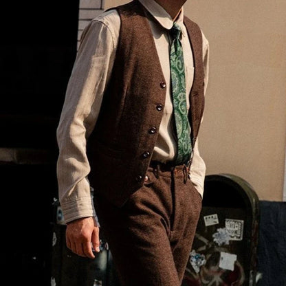 Men Suit Coffee Herringbone Single Button Business Casual Waistcoat For Wedding Birthday Banquet Work Set Men Suit Vest