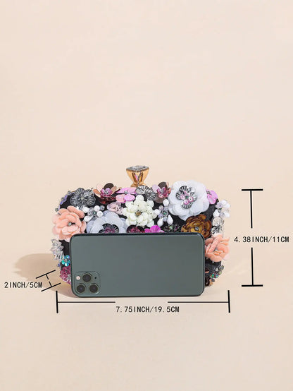 I PC Black Elegant Floral Beaded Clutch, classic Banquet Purse,Women's Fashion Evening Bag Foren Wedding Party Prom