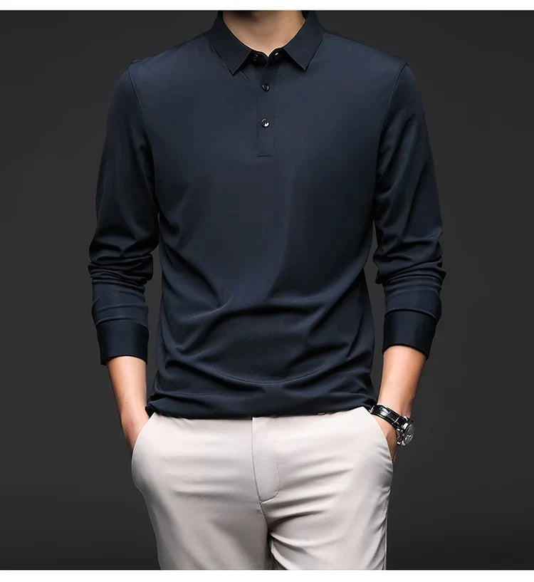 Mulberry Silk Men's Polo Shirts Luxury Long Sleeve Solid Color Golf Male T-shirts Spring Autumn Business Casual Man Tees