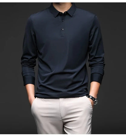 Mulberry Silk Men's Polo Shirts Luxury Long Sleeve Solid Color Golf Male T-shirts Spring Autumn Business Casual Man Tees