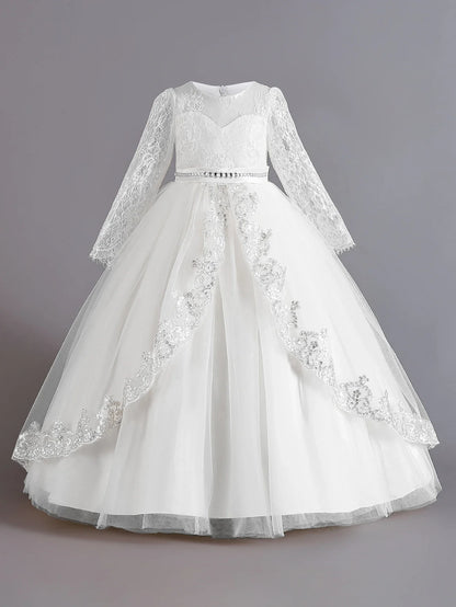 Long Sleeve Baptism Bridesmaids Party Girl Dresses Tulle Wedding Costumes Elegant Flower Princess Dress Girls Birthday Prom Gown