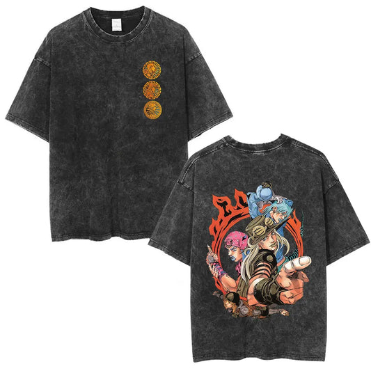 Anime Jojo Bizarre Adventure STEEL BALL RUN Manga Vintage Acid Washed T Shirt Men Women Casual Short Sleeves T-shirt Streetwear