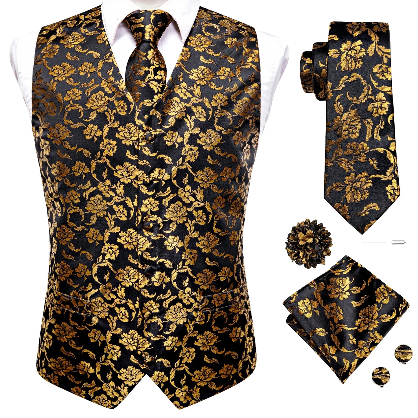 High Quality Silk Mens Vests Champagne Paisley Waistcoat Neck Tie Hanky Cufflinks Brooch Set for Men Suit Wedding Office
