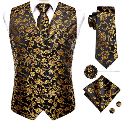High Quality Silk Mens Vests Champagne Paisley Waistcoat Neck Tie Hanky Cufflinks Brooch Set for Men Suit Wedding Office