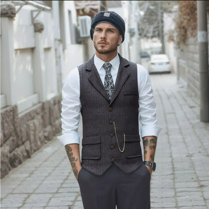 Man Suit Vest British Style Turn Down Collar Male Waistcoat Vintage Single-breasted Business Casual Men Coat Vest