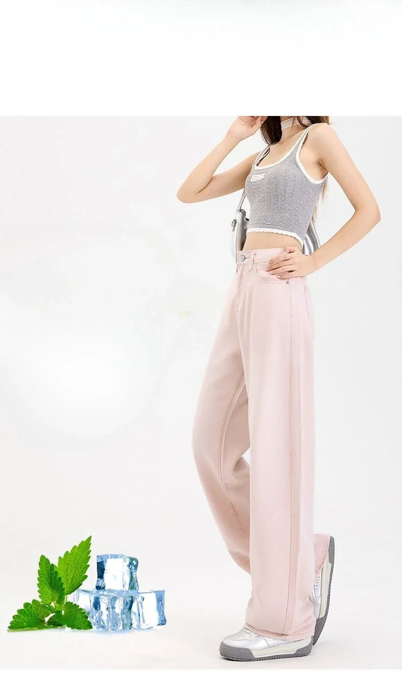 Woman Jeans 100% Lyocell Breathable Denim Wide Leg Towel Sweep drape loose 2025 Summer ice silk Baggy Famale Denim Pants 5 Color