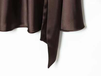Women Fashion Satin Elegant Short Dress Summer Autumn New Long Sleeve Scarf V neck Mini Dress Female Elegant Party Dresses