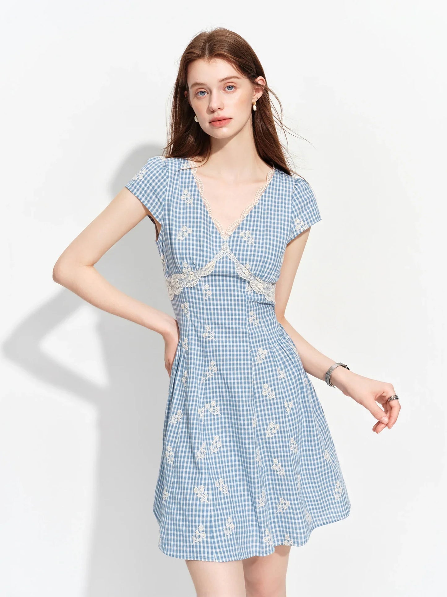 Women's 2026 Summer New Arrival French Pastoral Style V-Neck Lace Spliced Embroidered Dress Openwork Floral Plaid Pattern