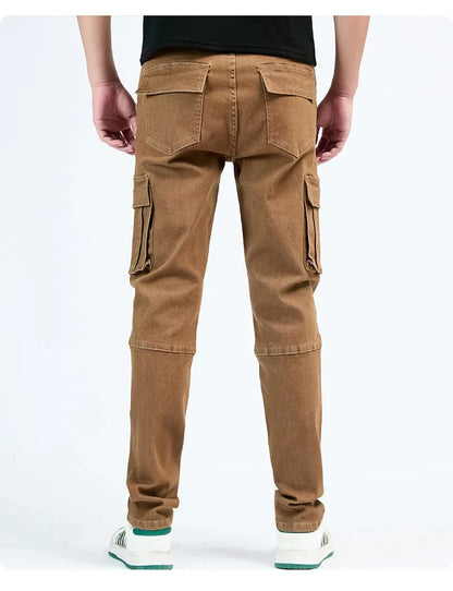Men's Street Style Elastic Waist Denim Cargo Pants Solid Color Washed Slim Fit Casual Jeans with Multiple Pockets for Daily Wear