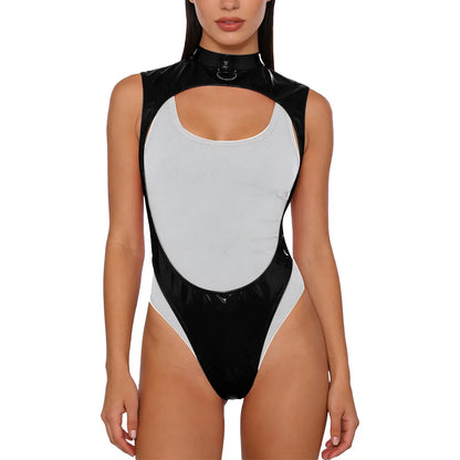 Womens Glossy PU Leather Bodysuit Wit Metal D-ring Open Front Backless High Cut Leotard Jumpsuit for Nightclub Rave Party