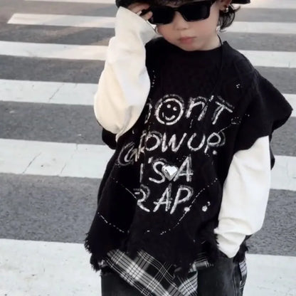 2026 Spring Fall Outfits Baby Kid Boys Knitted Letter Graffiti Vest+ Long Sleeved T-shirt +Grid Fart Curtain Hole Pants 3pcs Set
