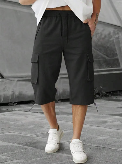 Men's 3/4-Length Cargo Shorts — Woven Twill Fabric, Multi-Pocket Casual Trousers. Non-Stretch Adult Apparel for Summer