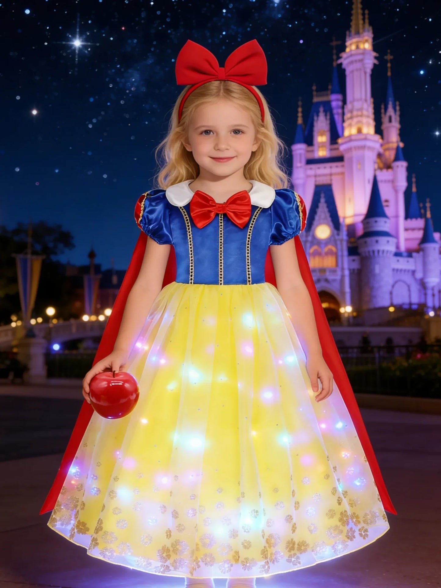 Popular Movie LED Princess Dress, White Snow Dress, With Cape And Headpiece For Halloween Carnival Birthday Party Cosplay