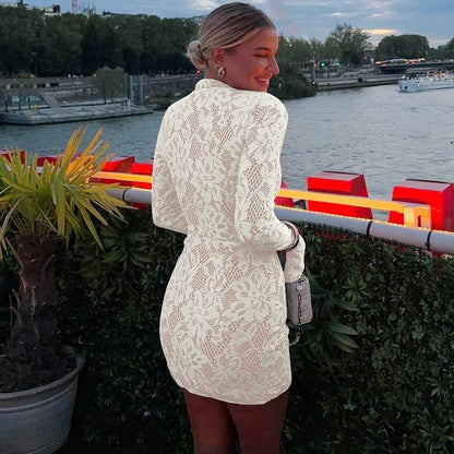 Turtleneck Long Flare Sleeve Patchwork Lace Hollow Out Button Sexy Mini Dress 2025 Spring Women Clothes Party Nightclub