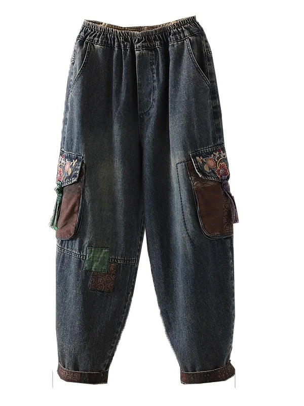 Retro Ethnic Print Patchwork Embroidered Denim Jeans Women Loose plus Size Embroidered Nine Points Harlan Pants Spring