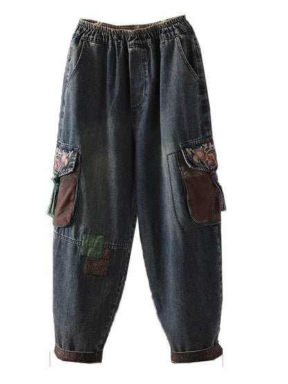 Retro Ethnic Print Patchwork Embroidered Denim Jeans Women Loose plus Size Embroidered Nine Points Harlan Pants Spring