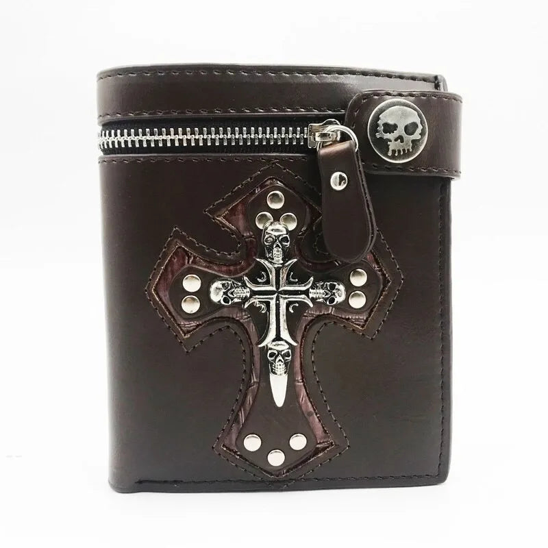 Sac à Main Rétro Punk Homme Nouveau 2025 Crâne Croix Portefeuille Pochette Chaîne Rivets Porte-cartes Vintage Rocker Multi-fonctions Mini Portefeuille