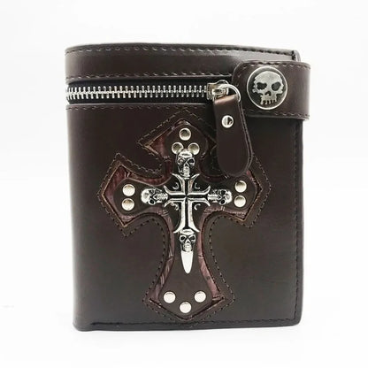Sac à Main Rétro Punk Homme Nouveau 2025 Crâne Croix Portefeuille Pochette Chaîne Rivets Porte-cartes Vintage Rocker Multi-fonctions Mini Portefeuille