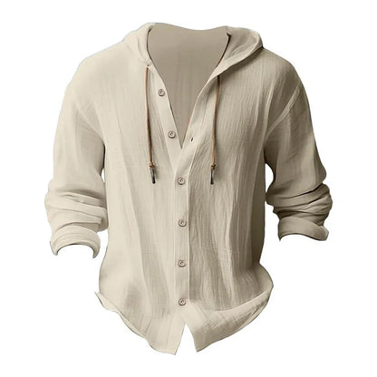 Men's Solid Color Casual Shirt, Hooded Drawstring Cotton and Linen Cardigan, Trendy and Versatile Loose Beach T-Shirt