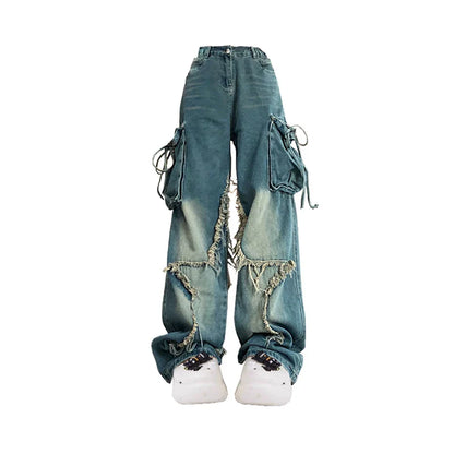 Women Blue Cargo Jeans Baggy Vintage 90s Aesthetic High Waist Cowboy Pants Harajuku Denim Trousers Y2k Trashy 2000s Clothes 2024