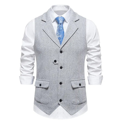 Tailored Collar Vest for Men Single Breasted Herringbone Tweed Suit Vest Mens Formal Striped Waistcoat Punk Groomsmen Wedding