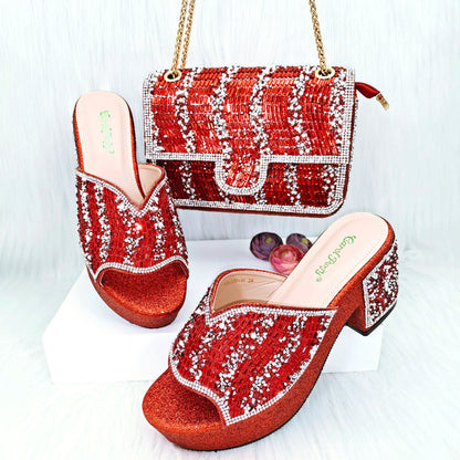 Italian Design Fashion Crystal Fish Mouth High Heels Elegant, Exquisite, And Mature Women's Sandals And Square Bag Set
