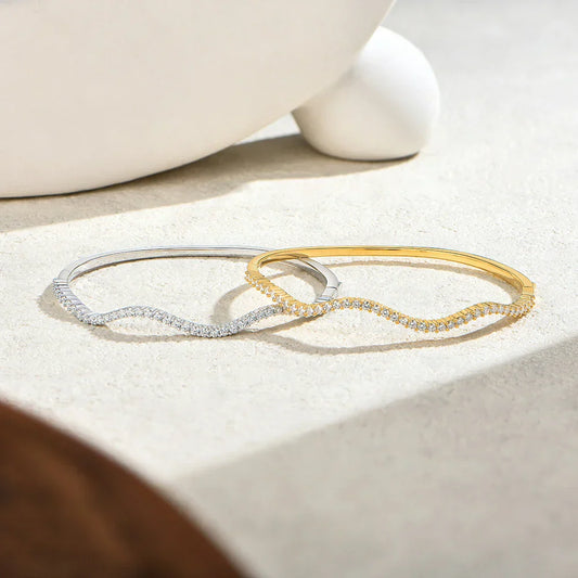 Bracelet jonc forme vague de mode en argent s925 avec moissanite pour femme, bracelet semi-éternel rondelle, cadeau de fête, bijoux fins