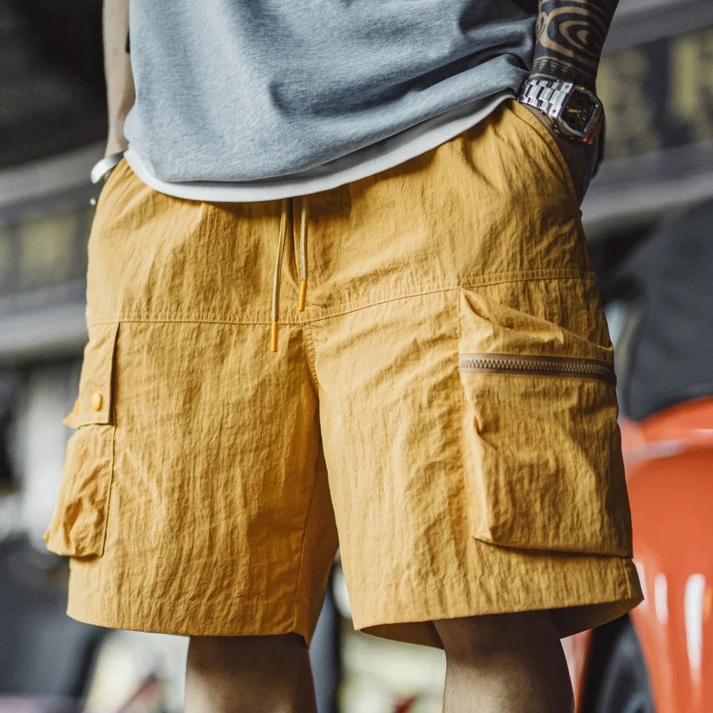 Outdoor Yellow Cargo Shorts Men's Summer Quick-Dry Lightweight Sports Shorts with Drawstring Waist Multi-Pocket Bottoms
