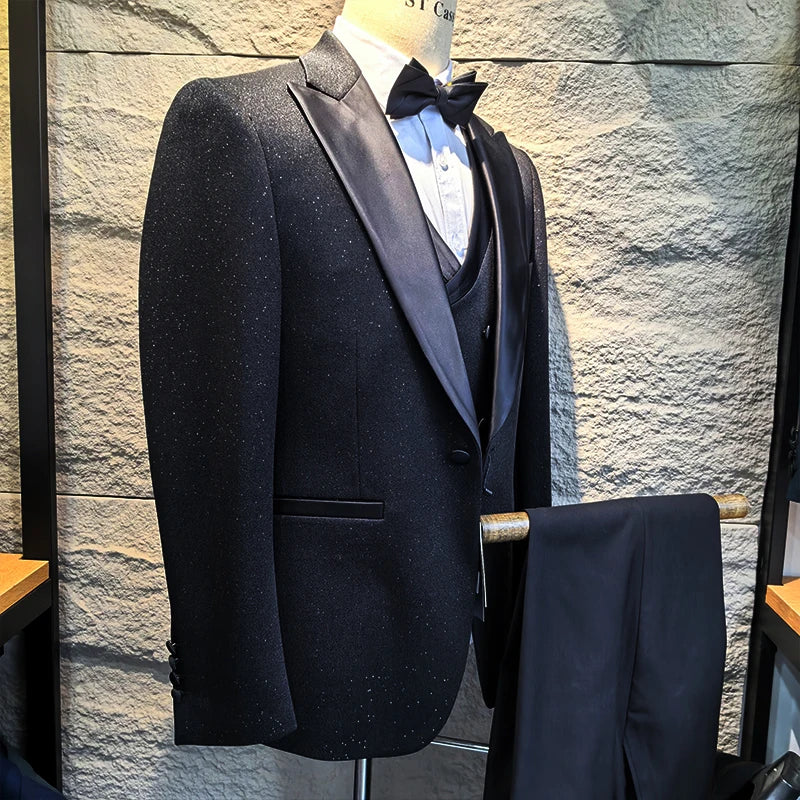 Luxury Man Suits High Quality 3 Pieces Littering Rhinestone Embellishment Wedding Dress Shining Flash Diamond Tuxedo Dinner Suit