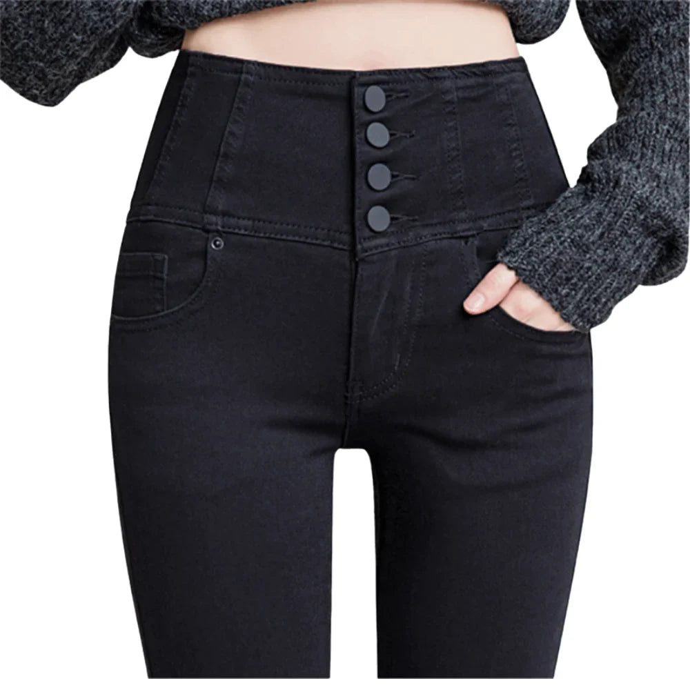 Button Fly Jeans High Waist Front for Women Tummy Control Stretch Denim Black Petite XS - 4XL Dress Pants With Pocket