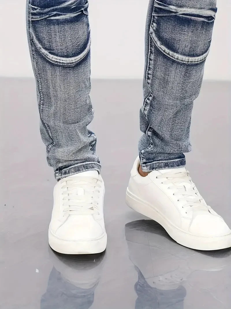 Two tone distressed patchwork jeans for men trendy jeans for summer thin straight leg pants slim fit small leg distressed jeans