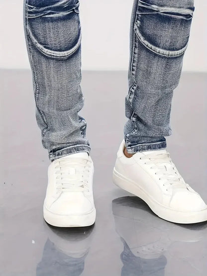 Two tone distressed patchwork jeans for men trendy jeans for summer thin straight leg pants slim fit small leg distressed jeans